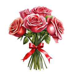 Roses flower bouquet watercolor illustration, flower bouquet tied with ribbon, cute floral clipart decoration item, wedding, celebration bouquet
