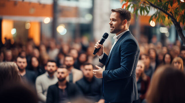 Confident male speaker giving a presentation to an attentive audience in a seminar hall.