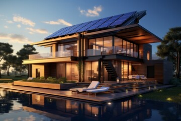 Solar panel on the roof of a house. Green energy concept - obrazy, fototapety, plakaty