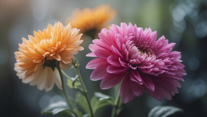 Obraz premium Blurry Pink And Peach Chrysanthemums Blooming In The Early Morning
