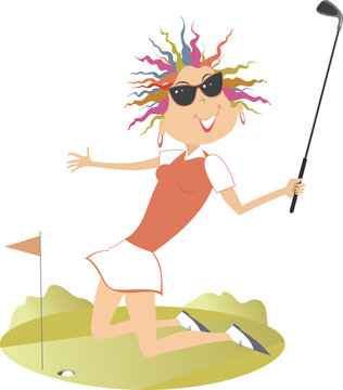 Happy golfer woman on the golf court. 
Kneeling golfer woman happy to make a good shot
