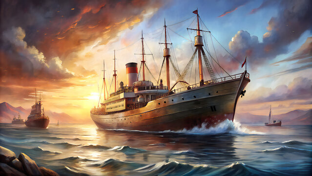 painting of a ship in the ocean at sunset, with a fiery orange sky and calm blue waves