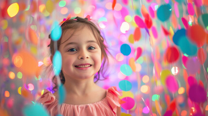 Obraz na płótnie Canvas Shiny festive banner with happy smiling kid at carnival on bokeh background with copy space. Generative AI