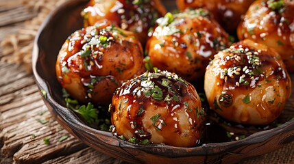 Takoyaki, a delectable Japanese treat, features wheat flour batter filled with diced octopus, expertly grilled and drizzled with Worcester sauce and mayonnaise, creating a flavorful street food experi