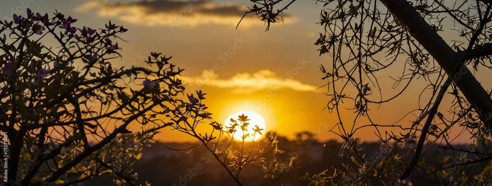 Wall mural sun setting through tree branches