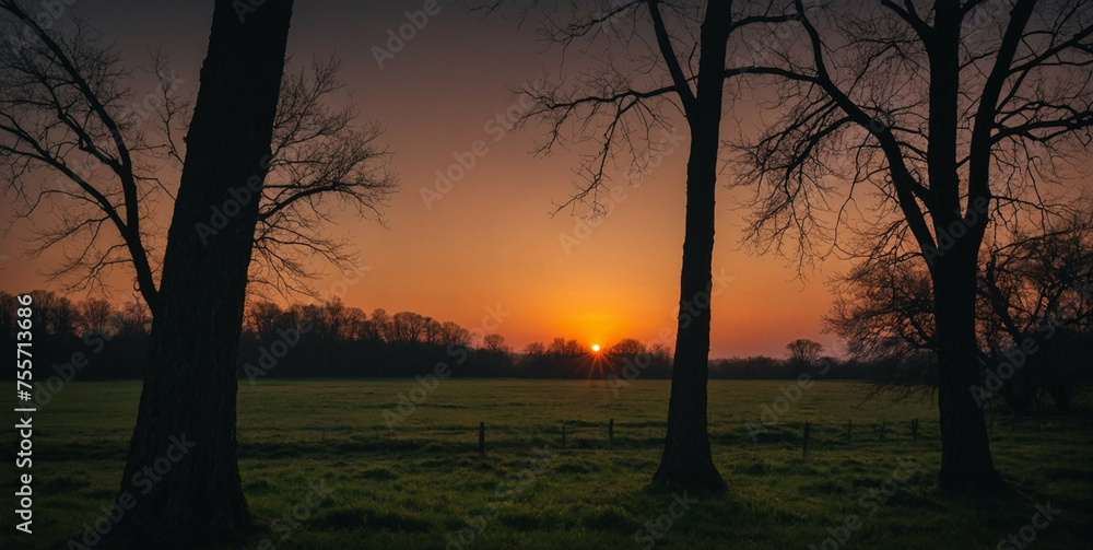 Wall mural sun setting behind trees in field