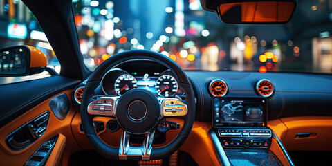 dashboard, steering wheel and speedometer in a luxury sports car close up. Interior salon of car on the driver point of view. Night city behind windshield - obrazy, fototapety, plakaty