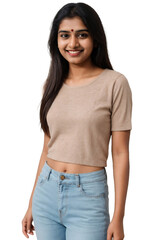 Young Indian woman wearing casual clothes, smiling and looking at the camera, isolated, transparent background, no background. PNG.