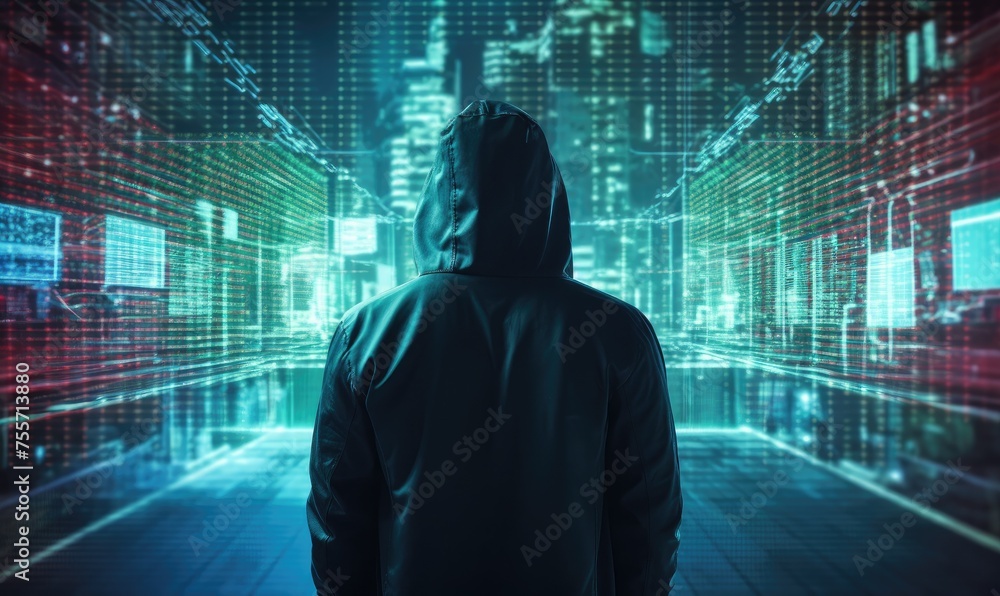 Poster cybersecurity dilemmas: hacker in digital mask. suitable for your digital security design