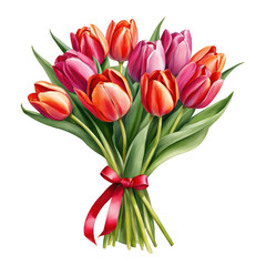 Tulips flower bouquet watercolor illustration, flower bouquet tied with ribbon, cute floral clipart decoration item, wedding, celebration bouquet
