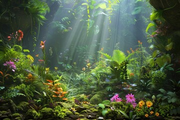 A lush green jungle with a variety of colorful flowers and plants
