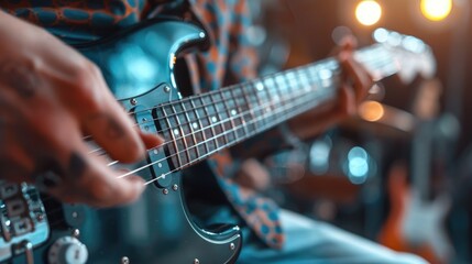 A close-up of a guitar player's fingers sliding down the fretboard, capturing the essence of rock-n-roll music for World Rock-n-roll Day
