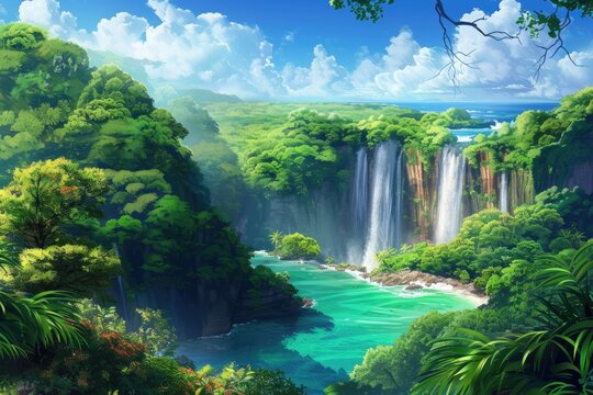 A lush green jungle with a waterfall and a river