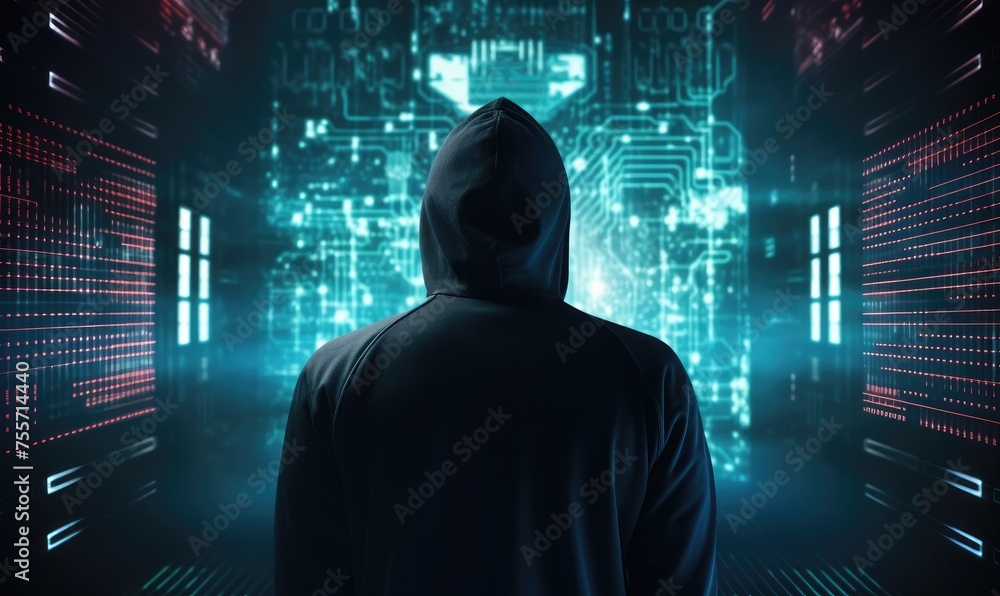 Poster a hacker wearing a digital mask, emphasizing cybersecurity challenges. suitable for your digital sec