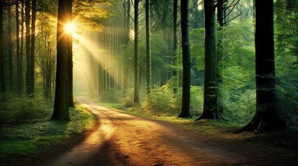 A forest path is illuminated by the sun, creating a peaceful