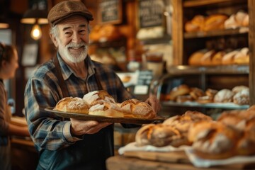 A man in a hat is smiling and holding a tray of pastries - obrazy, fototapety, plakaty