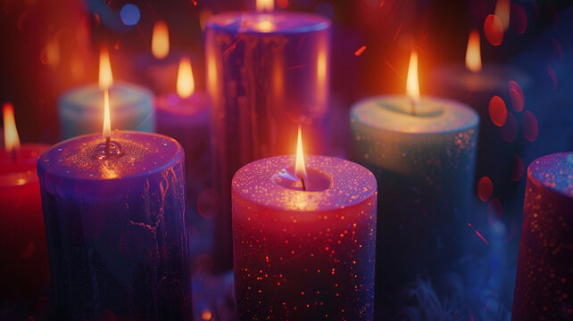 Holographic candles flickering in the darkness, casting a warm glow