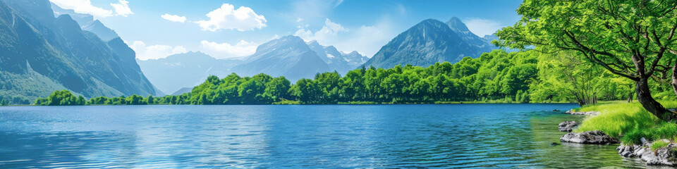 A beautiful mountain lake with a tree in the foreground