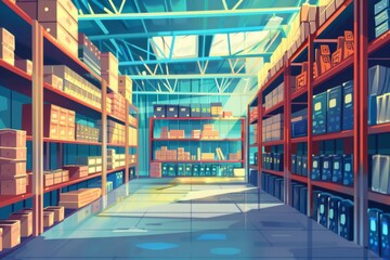 A large warehouse with numerous items. Rows of shelves with boxes.  Logistics. Inventory control. order fulfillment or space optimization. Illustration for advertising. marketing or presentation.