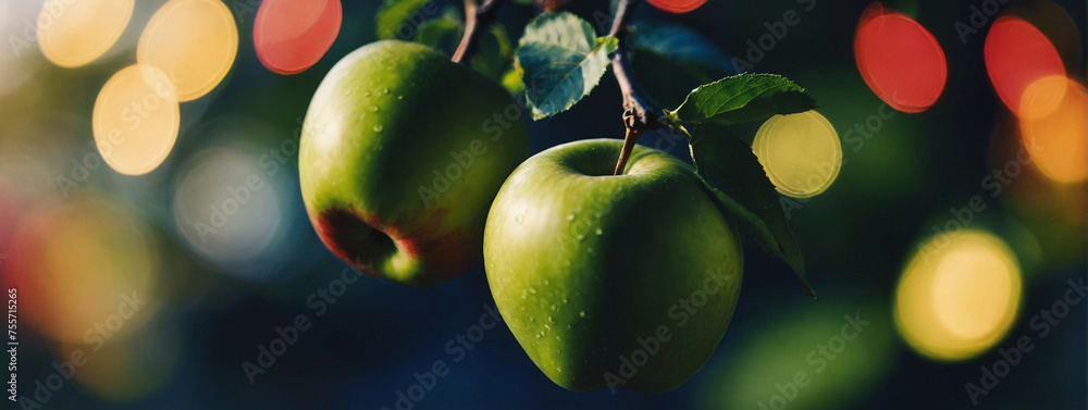 Wall mural green apples hanging from a branch with bokeh lights in the background