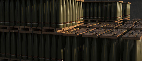 155mm Shells in a Warehouse Storage Unloading - Standard Ammunition Rounds Stacked in Pallets for Transport - obrazy, fototapety, plakaty