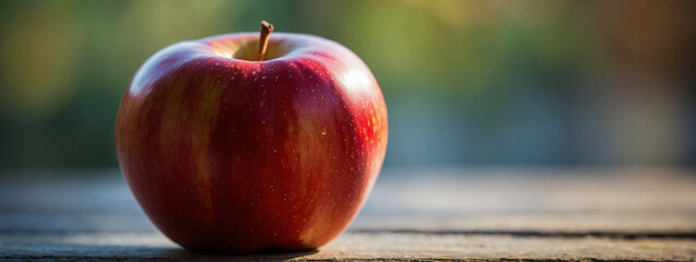 Red Apple on a Wooden Surface in the Afternoon Sun