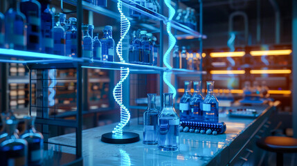 Biochemistry lab with holographic DNA models blending science and technology themes