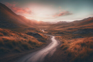 Serene Sunset Over a Winding Mountain Road in a Tranquil Highland Landscape