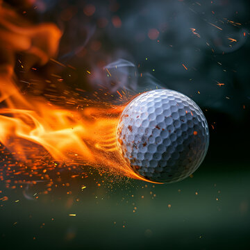 burning white golf ball flying, high velocity, with flame tail, sport motion and action photography for wallpaper , poster or logo