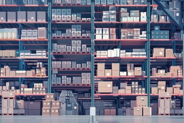 A large warehouse with numerous items. Rows of shelves with boxes.  Logistics. Inventory control. order fulfillment or space optimization. Illustration for advertising. marketing or presentation.