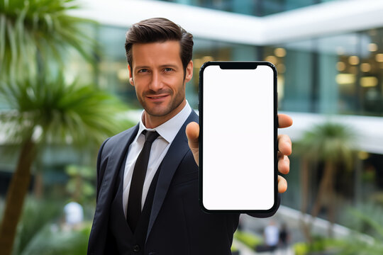 Businessman showing blank screen smartphone mockup with office building background