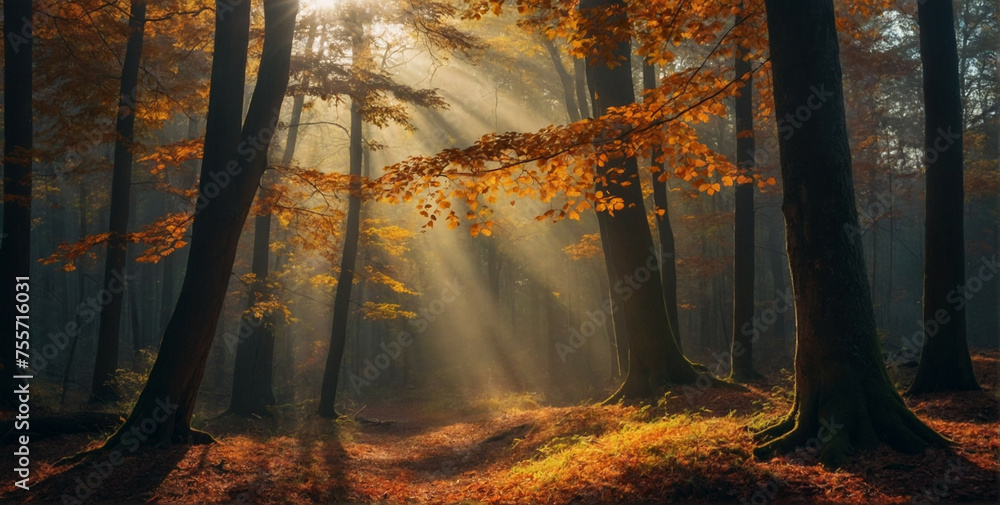 Wall mural sunbeams filtering through trees along forest path