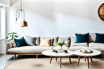 Round white coffee table against white sofa. Scandinavian home interior design of modern living room. - obrazy, fototapety, plakaty