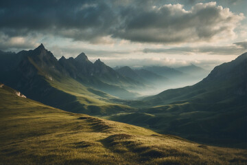 A Scenic Mountain Valley Landscape at Sunrise