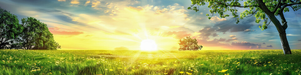 A field of grass with a tree in the background and a sun in the sky