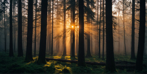 Sun Shining Through Trees in Forest
