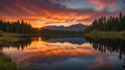 Sunset Over Lake and Mountains