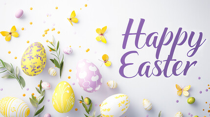 Easter card with colored purple and yellow Easter eggs with various ornaments, butterflies, spring flowers on a light background with the text Happy Easter and copy space for text