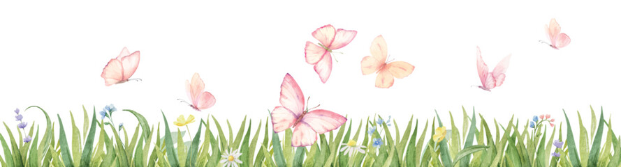 Naklejka premium Watercolor vector floral border with pink butterflies and green grass. Design for cards, invitations, packaging, textiles. Hand drawn illustration.