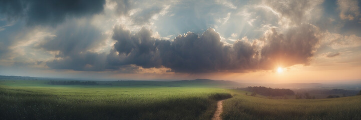 Fototapeta premium Green Field With Clouds in the Sky