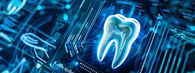 Futuristic tooth with transparent technology interface, healthy lifestyle concept
