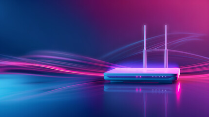 modern white router for home Internet and television networks, online communication on a bright neon digital background with a gradient of blue and pink colors and copy space - obrazy, fototapety, plakaty