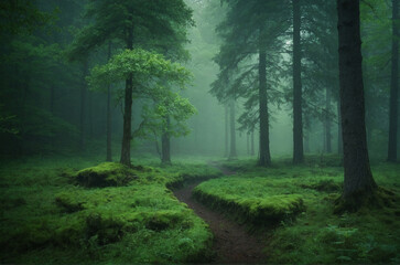 Fototapeta premium A Serene Morning Path Through The Misty Green Forest