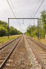 Fototapeta premium sunny day railway structure electric wires out of sity landscape perspective green trees