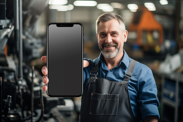 Mechanic man showing black blank screen smartphone mockup in workshop