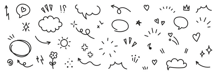 Set of cute hand drawn line sketch text decoration star sparkle, arrow, heart element set. Simple drawn sun sparkle, flower, emphasis symbol background. Vector illustration.
