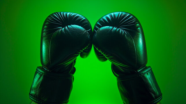 Two black boxing gloves touching each other against a vibrant green background