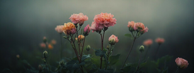 Delicate pink roses bloom in a misty garden