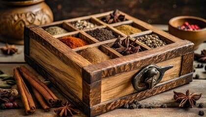 wooden box with spices.the beauty and craftsmanship of a wooden masala box. Focus on the details of the wood and the compartments for spices, bringing out the warm tones and natural textures.