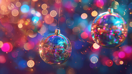 Holographic ornaments floating in space, reflecting the colors of the holiday season